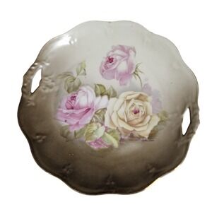 Mignon Bavaria Vintage Plate With Handles Floral Roses Pattern 10" Gold Trim